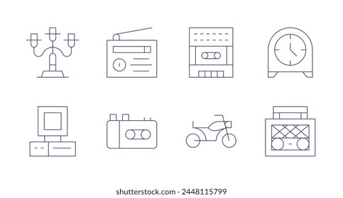 Retro icons. Editable stroke. Containing candelabra, computer, taperecorder, radio, walkman, classic, tableclock.