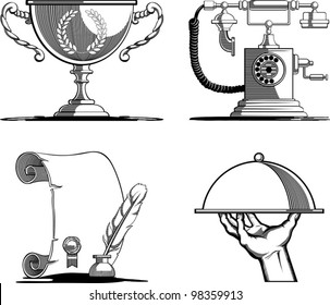 Retro Icons - Old Script, Telephone, Tray & Trophy