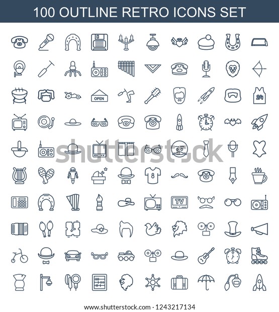 retro icons. Set of 100 outline retro icons\
included rocket, perfume, umbrella, luggage, sheriff, lion, abacus\
on white background. Editable retro icons for web, mobile and\
infographics.