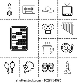 Retro icons. set of 13 editable outline retro icons such as lion, baby shoes, gramophone, rocket, tv, maracas, coffee, woman hat, abacus, cassette
