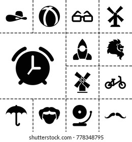 Retro icons. set of 13 editable filled retro icons such as mill, child bicycle, mustache, woman hat, umbrella, alarm, lion, ball, rocket, man hairstyle, glasses