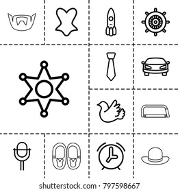 Retro icons. set of 13 editable outline retro icons such as helm, corset, rocket, bird, microphone, car, sheriff, tie, alarm, baby shoes, man hairstyle, woman hat