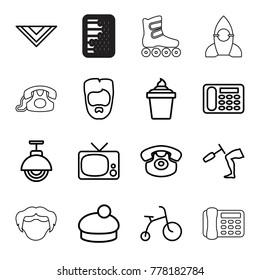 Retro icons. set of 16 editable outline retro icons such as child bicycle, man hairstyle, cravat, woman hat, desk phone, ice cream in can, tv, knee hammer reaction check