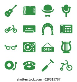 Retro icons set. set of 16 retro filled icons such as child bicycle, desk phone, horseshoe, medical hammer, cassette, microphone, gramophone, guitar, harmonic, harp