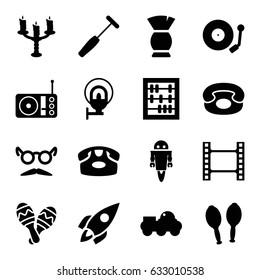 Retro icons set. set of 16 retro filled icons such as desk phone, brush, mustache and glasses, medical hammer, radio, maracas, gramophone, maraca, candlestick, street lamp