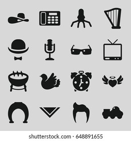 Retro icons set. set of 16 retro filled icons such as man hairstyle, cravat, woman hat, heart angel wings, bird, tv, microphone, harp, desk phone, hat and moustache