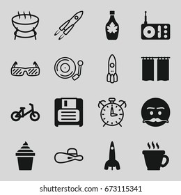 Retro icons set. set of 16 retro filled and outline icons such as child bicycle, coffee, emot with mustache, ice cream in can, maple syrup, radio, diskette, curtain, rocket