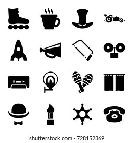 Retro icons set. set of 16 retro filled icons such as rocket, brush, coffee, megaphone, hacksaw, cassette, maraca, hat and moustache, hat, street lamp, curtain, sheriff, car