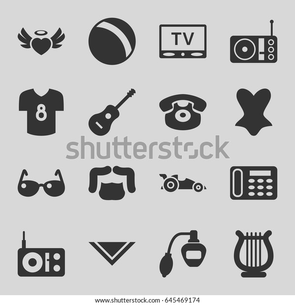 Retro icons set. set\
of 16 retro filled icons such as ball, perfume, man hairstyle,\
corset, cravat, desk phone, heart angel wings, radio, guitar, harp,\
tv, football t shirt