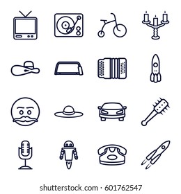retro icons set. Set of 16 retro outline icons such as child bicycle, desk phone, woman hat, hacksaw, TV, gramophone, microphone, harmonic, candlestick, car, robot, mace