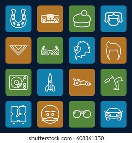 Retro icons set. set of 16 retro outline icons such as lion, man hairstyle, cravat, woman hat, knee hammer reaction check, gramophone, record player, car, sunglasses, rocket