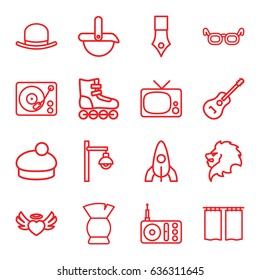 Retro icons set. set of 16 retro outline icons such as lion, rocket, hat, brush, woman hat, heart angel wings, radio, gramophone, guitar, street lamp, curtain, robot, glasses