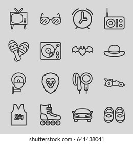 Retro icons set. set of 16 retro outline icons such as lion, baby shoes, woman hat, devil heart with wings, gramophone, microphone, maraca, car, street lamp, sunglasses, alarm