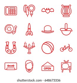 Retro icons set. set of 16 retro outline icons such as ball, child bicycle, hat, man hairstyle, desk phone, devil heart with wings, cassette, microphone, harp, gramophone