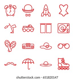 Retro icons set. set of 16 retro outline icons such as rocket, mustache, woman hat, corset, knee hammer reaction check, gramophone, record player, maraca, hat and moustache