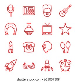 Retro icons set. set of 16 retro outline icons such as lion, man hairstyle, tv, microphone, guitar, maracas, desk phone, street lamp, sheriff, rocket, sunglasses, alarm