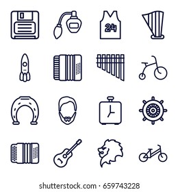 Retro icons set. set of 16 retro outline icons such as lion, child bicycle, helm, perfume, man hairstyle, diskette, harmonica, harp, guitar, harmonic, alarm