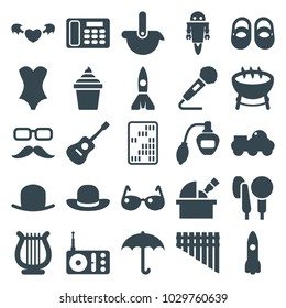 Retro icons. set of 25 editable filled retro icons such as baby shoes, perfume, hat, umbrella, barbecue, ice cream in can, rocket, radio, harmonica, microphone, harp