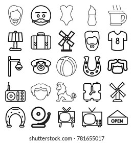 Retro icons. set of 25 editable outline retro icons such as mill, man hairstyle, emot with mustache, tv, horseshoe, table lamp, radio, desk phone, luggage, street lamp