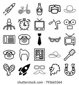 Retro icons. set of 25 editable outline retro icons such as rocket, tie, lion, man hairstyle, glasses, gramophone, abacus, maple syrup, tv, tv, desk phone
