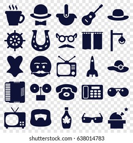 Retro icons set. set of 25 retro filled icons such as helm, coffee, man hairstyle, woman hat, corset, mustache and glasses, emot with mustache, maple syrup, tv, guitar