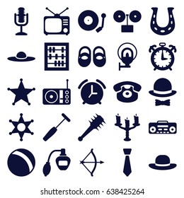 Retro icons set. set of 25 retro filled icons such as ball, baby shoes, perfume, woman hat, tv, desk phone, medical hammer, record player, radio, microphone, gramophone