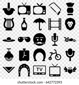 Retro icons set. set of 25 retro filled icons such as lion, child bicycle, brush, horseshoe, cravat, woman hat, hacksaw, emot with mustache, maple syrup, heart angel wings, tv