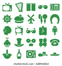 Retro icons set. set of 25 retro filled icons such as lion, mill, helm, woman hat, desk phone, maple syrup, gramophone, harp, microphone, hat, street lamp, curtain, sunglasses