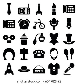 Retro icons set. set of 25 retro filled icons such as child bicycle, rocket, perfume, desk phone, brush, man hairstyle, corset, woman hat, ice cream in can, microphone, radio
