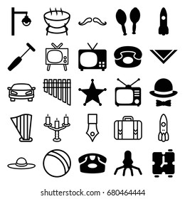Retro icons set. set of 25 retro filled and outline icons such as desk phone, cravat, tv, medical hammer, maracas, hat and bow, street lamp, sheriff, alarm, rocket, ball