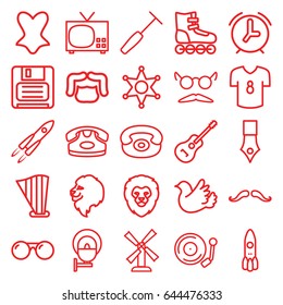 Retro icons set. set of 25 retro outline icons such as lion, mill, mustache, desk phone, man hairstyle, corset, mustache and glasses, bird, diskette, medical hammer, harp