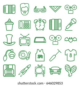 Retro icons set. set of 25 retro outline icons such as perfume, man hairstyle, cravat, hacksaw, ice cream in can, devil heart with wings, tv, diskette, medical hammer