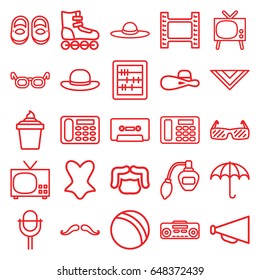 Retro icons set. set of 25 retro outline icons such as ball, baby shoes, mustache, perfume, man hairstyle, corset, cravat, woman hat, abacus, desk phone, megaphone