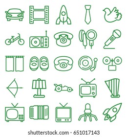 Retro icons set. set of 25 retro outline icons such as child bicycle, rocket, baby shoes, bird, tv, tv, desk phone, microphone, radio, harp, harmonic, gramophone, car, curtain