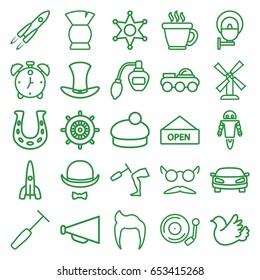 Retro icons set. set of 25 retro outline icons such as mill, helm, man hairstyle, perfume, coffee, brush, woman hat, mustache and glasses, megaphone, bird