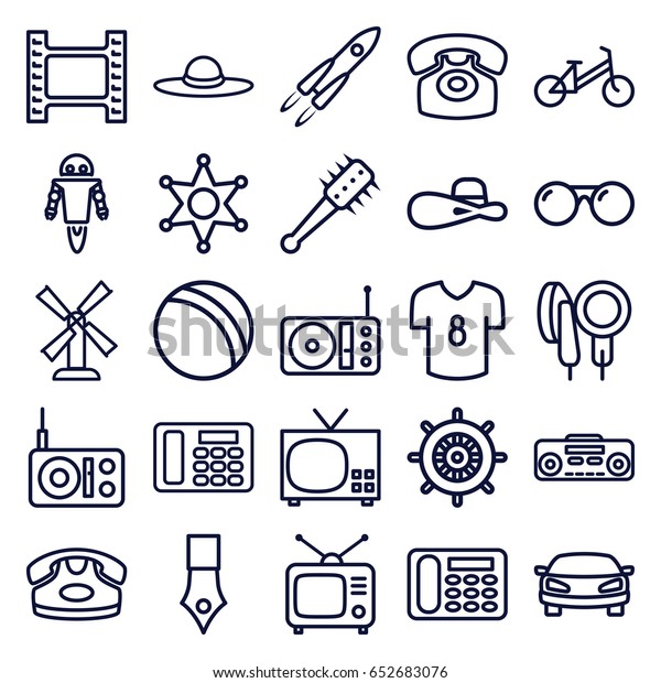 Retro icons set. set\
of 25 retro outline icons such as mill, ball, child bicycle, helm,\
desk phone, woman hat, tv, record player, radio, microphone, car,\
sheriff, sunglasses