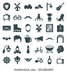 Retro icons. set of 36 editable filled retro icons such as lion, mill, helm, mustache, perfume, coffee, man hairstyle, abacus, tv, maple syrup, roller skate, rocket