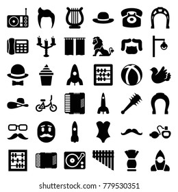 Retro icons. set of 36 editable filled retro icons such as rocket, man hairstyle, woman hat, abacus, ice cream in can, bird, gramophone, radio, harmonica, harmonic, harp