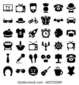 Retro icons set. set of 36 retro filled icons such as lion, child bicycle, helm, coffee, man hairstyle, brush, corset, woman hat, emot with mustache, devil heart with wings