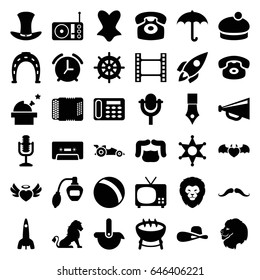 Retro icons set. set of 36 retro filled icons such as lion, ball, helm, mustache, perfume, man hairstyle, horseshoe, corset, woman hat, desk phone, megaphone
