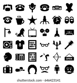 Retro icons set. set of 36 retro filled icons such as lion, baby shoes, desk phone, coffee, man hairstyle, corset, woman hat, abacus, mustache and glasses, emot with mustache