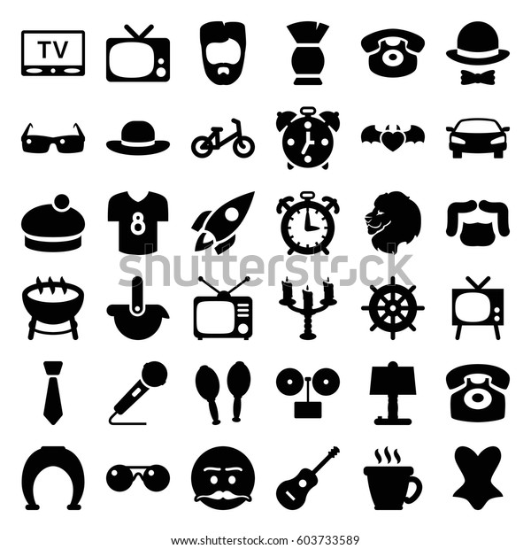 Retro icons\
set. set of 36 retro filled icons such as lion, child bicycle,\
helm, coffee, man hairstyle, brush, corset, woman hat, emot with\
mustache, devil heart with\
wings