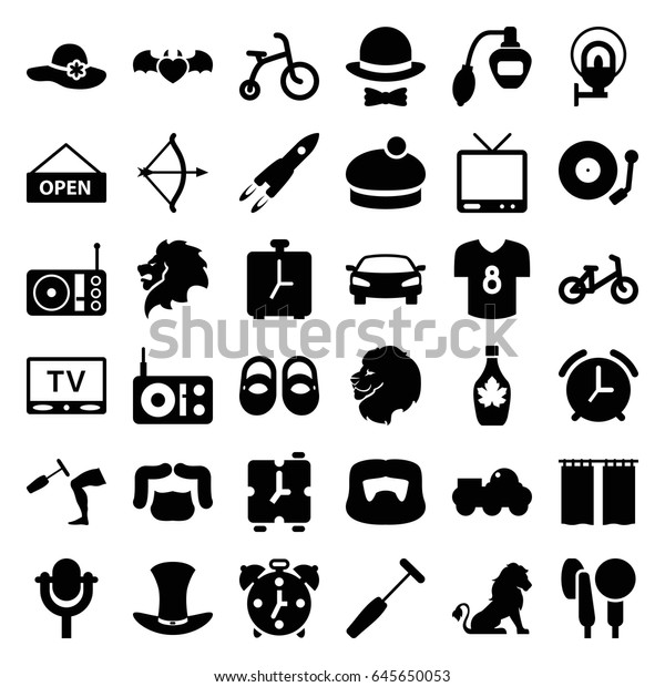 Retro icons set. set of\
36 retro filled icons such as lion, child bicycle, baby shoes,\
perfume, man hairstyle, woman hat, maple syrup, devil heart with\
wings, tv
