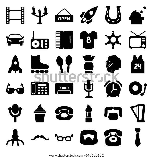 Retro icons set.\
set of 36 retro filled icons such as lion, rocket, mustache, brush,\
man hairstyle, desk phone, ice cream in can, radio, tv, cassette,\
microphone, harp