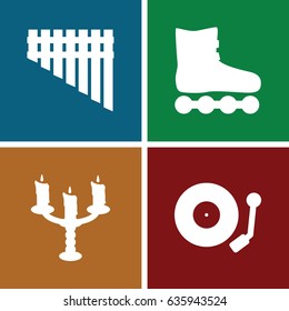 Retro icons set. set of 4 retro filled icons such as harmonica, gramophone, candlestick