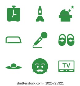 Retro icons. set of 9 editable filled retro icons such as baby shoes, woman hat, emot with mustache, observatory, microphone, tv, alarm, hacksaw
