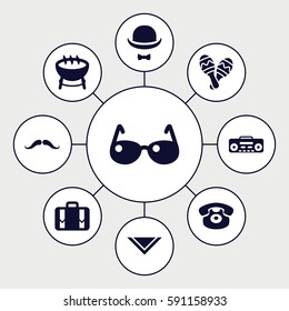 retro icons set. Set of 9 retro filled icons such as mustache, cravat, desk phone, luggage, record player, maraca, hat and moustache, sunglasses