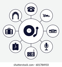 retro icons set. Set of 9 retro filled icons such as desk phone, Horseshoe, luggage, record player, radio, microphone, gramophone, car