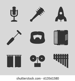 Retro icons set. set of 9 retro filled icons such as rocket, man hairstyle, medical hammer, microphone, harmonica, harmonic, curtain, mace