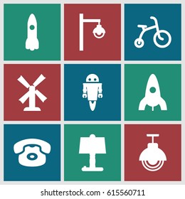 Retro icons set. set of 9 retro filled icons such as mill, child bicycle, rocket, street lamp, robot, desk phone
